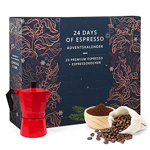 Erlebnis Kaffee Adventskalender 'Espresso' - mit Espressokocher & 23 x gemahlenen Espresso Sorten, Kaffee Geschenk und Probierset