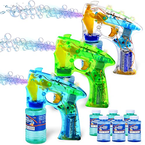 3 Seifenblasen Pistolen für Kinder, LED Seifenblasenpistole mit 6 Seifenblasen Flüssigkeit, Bubble Gun für Bubble Party Gefälligkeiten, Sommerspielzeug, Outdoor und Indoor Aktivitäten
