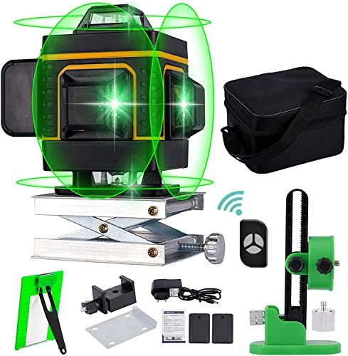 Cross Line Laser Level 360 4D Green Beam Kreuzlinienlaser Wasserwaage Line Lasers,Self-Levelling 16 Lines with Remote Control, Rechargeable 2 x 4000 mAh Batteries