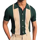 Briskorry Herren Strick-Poloshirt Kurzarm Umlegekragen Knopfleiste Farbblock Gestreift T-Shirt Stretch Slim Fit Plus Size Tops Golf Tennis Blusen