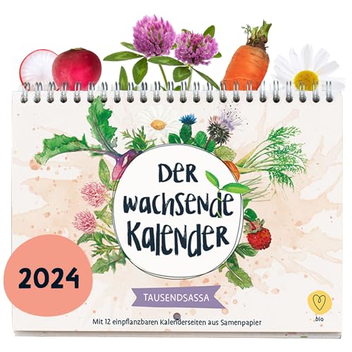 Das Original 'Der Wachsende Kalender' TAUSENDSASSA, jahresunabhängig, A5-Format, Monatskalender mit Bio-Saatgut, 12 Samenstreifen zum Einpflanzen, von Primoza, einpflanzbarer Saatgut-Kalender