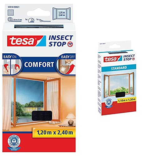 tesa Insect Stop COMFORT Fliegengitter für bodentiefe Fenster - Insektenschutz selbstklebend, 120 cm x 240 cm & Insect Stop Fliegengitter für Fenster - Insektenschutz zuschneidbar - 130 cm x 150 cm