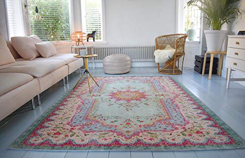 Rozenkelim Vintage Teppich | Shabby Chic Look Teppichläufer für Wohnzimmer, Schlafzimmer und Flur | 70% Polypropylen, 30% Baumwolle (Pastell, 275 x 185cm, 8 mm hoch)