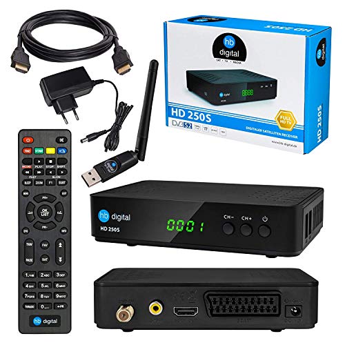 Satelliten SAT Receiver DVB-S DVB-S2 SET: HB DIGITAL HD 250S DVB-S/S2 Receiver + WLAN WiFi Stick (RSS, Wetter) + HDMI Kabel (Full HD Ready, HDTV, HDMI, SCART, 2x USB 2.0, SPDIF Koaxial, 12V)