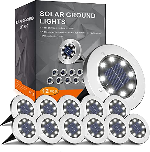 FLOWood Solar Bodenleuchte Solarleuchte für Garten Solar Außenleuchte 8 LEDs wasserdicht Edelstahl + Kunststoff 12 Stk
