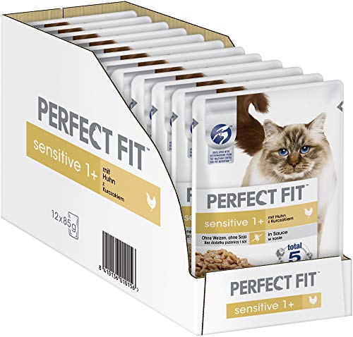 Perfect Fit Sensitive 1+ – Nassfutter für erwachsene, sensible Katzen ab 1 Jahr – Huhn in Sauce – Ohne Weizen & Soja – Unterstützt die Verdauung – 12 x 85 g