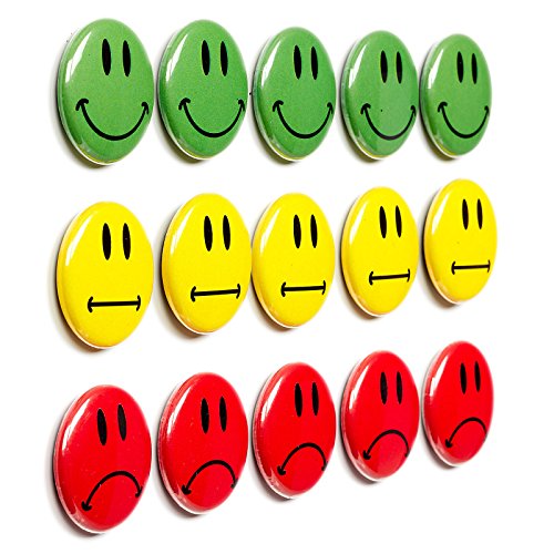 15 bunte Smileys Magnetbuttons (5 gruene lachende Smileys / 5 gelbe neutrale Smileys / 5 rote traurige Smileys) / Durchmesser 2,5cm / z.B. fuer Praesentationen, Schulungen, Projektarbeit, Unterricht..