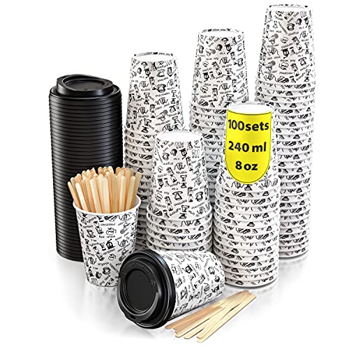 CupCup 100 Pappbecher 240ml mit Deckel und Holz Rührstäbchen - Kaffeebecher to Go Zum Servieren von Kaffee, Tee, heißen und kalten Getränken