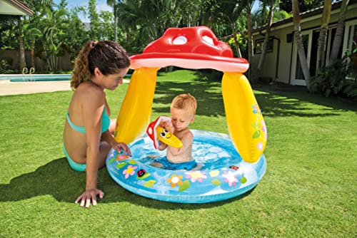 Aufblasbarer Kinderpool rund | Planschbecken mit aufblasbarem Boden und Sonnenschutz Dach | Pilz Pool für Kinder und Baby | Babypool für Balkon Terrasse Garten