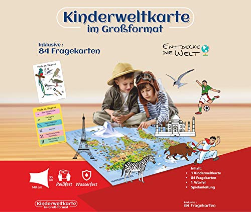 Play Kinderweltkarte im Großformat + 84 Fragekarten + 1 Würfel, Reißfest u. Wasserfest
