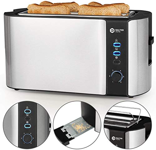 Balter Toaster 4 Scheiben ✓ Brötchenaufsatz ✓ Auftaufunktion ✓ Brotzentrierung ✓ Krümelschublade ✓ Edelstahlgehäuse ✓ Farbe: Silber (4 Scheiben) (4 Scheiben)