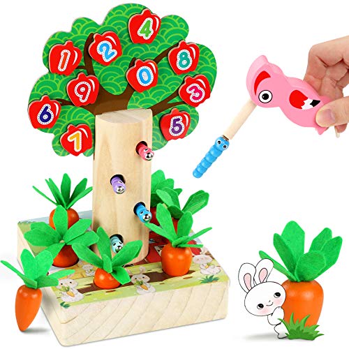LETOMY Magnetische Holzspielzeug, 3 in 1 Kinderspiel, Specht Raupen Fangen Spiel Karottenspiel, Dekoratives Apfelbaumspielzeug in Form und Größe Sortieren Spielzeug mit 3 Karottengrößen Kleinkinder