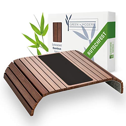 Green'n'Modern braunes Sofatablett rutschfest - Holz Bambus Getränkehalter Armlehne mit Pad | Couch Tablett flexibel | Sofa Tablett Armlehne mit Antirutschpad als Sofa Ablage | Couch Getränkehalter
