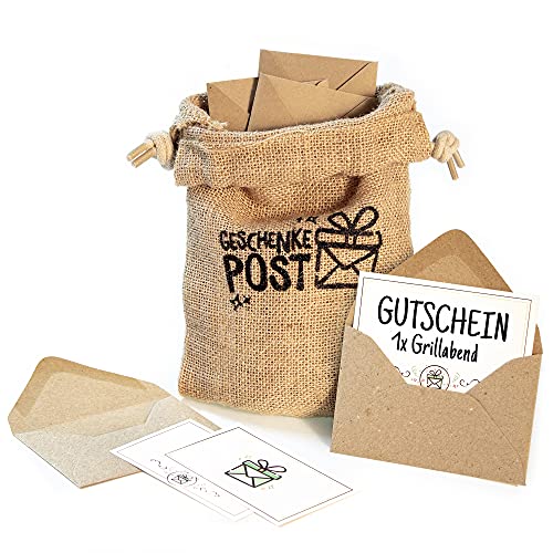 Geschenkepost Postsack mit 12 Briefumschlägen für Geldgeschenk oder Gutscheine, ein Beutel bedruckt aus Jute, 12 Umschläge aus Kraftpapier, inkl. 12 Kärtchen