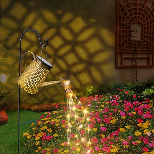 Solar Gießkanne Lichterkette Gartendeko Draußen, Solarlampen für Außen Giesskanne Lichter mit Schäferhaken Metall Vintage Wasserfall Duschlicht Solarleuchten Garten für Balkon Rasen Terrasse