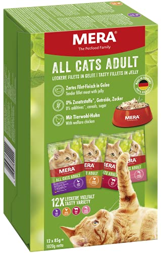MERA Cats Adult Nassfutter Multibox, für ausgewachsene Katzen, getreidefrei & nachhaltig, Katzenfutter mit hohem Fleischanteil aus Huhn, Rind, Ente und Lachs, 12 x 85 g