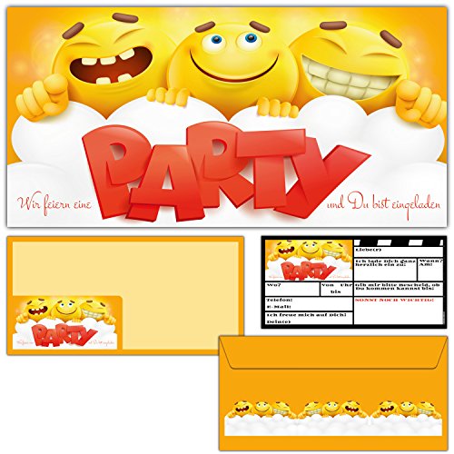 BREITENWERK 12er Karten-Set Smiley Einladungskarten mit passenden Umschlägen - Coole Emoji Einladungen für Jungen Mädchen Kinder-Geburtstag Party