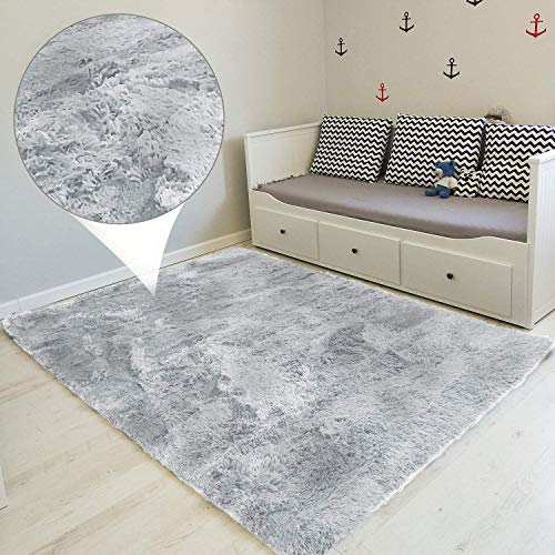 Hochflor Teppich wohnzimmerteppich Langflor 100 x 160 cm - Teppiche für Wohnzimmer flauschig Shaggy Schlafzimmer Bettvorleger Outdoor Carpet Grau – Weiß