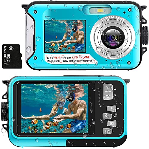 Unterwasserkamera Full HD 2.7K 48MP 10FT Kamera Wasserdicht Dual Screen 16X Digital Zoom Schnorcheln wasserdichte Digitalkamera für Selbstauslöser Unterwasser, Schwimmen, Urlaub