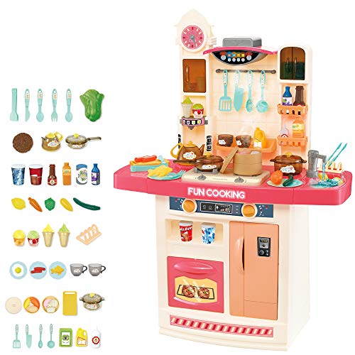 deAO Mein Glücklicher Kleiner Koch Küche Rollenspielset mit Multifunktionspanel, Licht, Ton, echten Wasserfunktionen und 50 Zubehörteile enthalten (pink)