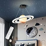 DROMEZ Dimmbar Planet Hängelampe, LED 40W Kinderzimmer Kronleuchter mit Fernbedienung und Glaskugel, Höhenverstellbar Modern Schlafzimmerlampe Hängend für Mädchen Jungen, 45cm, Saturn Fernbedienung