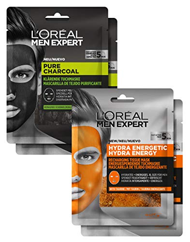 L'Oréal Men Expert Maskenset, Pflegeset für Männer mit reinigenden und feuchtigkeitsspendenden Gesichtsmasken, aktiver Schutz gegen Pickel und Mitesser, 120 g