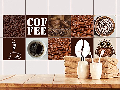GRAZDesign Fliesenaufkleber Kaffee Küche, Wand-Fliesen Aufkleber, Selbstklebende Folie, Wieder ablösbar - für rechteckige Fliesen (10x10cm // Set 10 Stück)