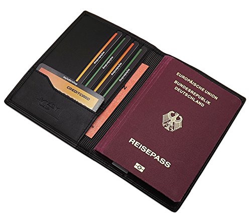 Echt Leder Reisepass Passport Schutzhülle mit 5 Scheckkartenfächern in Schwarz