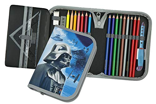 Undercover Star Wars Federmäppchen gefüllt für Jungen, Mädchen │ Federmappe Schüleretui mit 14 Buntstifte, Bleistifte und Zubehör │ Geschenk zur Einschulung