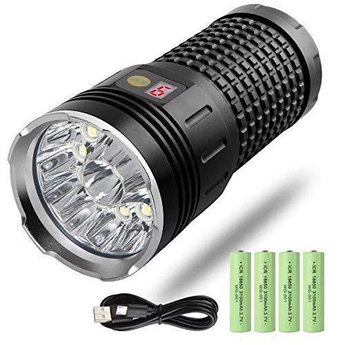 FiveFire LED taschenlampe 12000 Lumen, 12xLEDs taschenlampe extrem hell, Type-C USB Schnelles Wiederaufladbare, 4 Modi, mit Energieanzeige, isolierender Schutzfunktion, Eingebaute Batterie