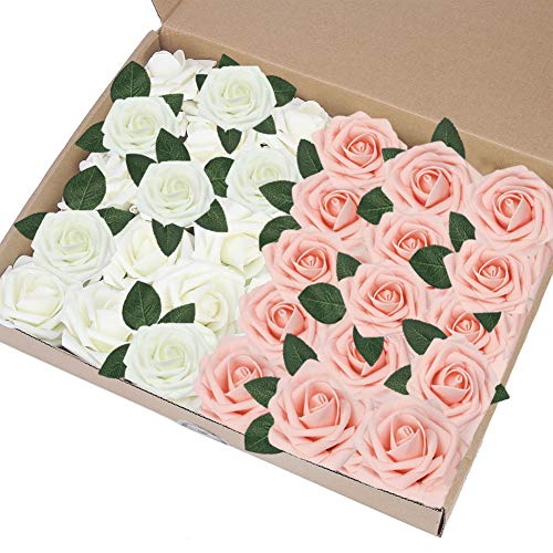 EQLEF Kunstrosen rosa Weiss, DIY fälscht Rose Blumendekorationen Schaum Rosen Geschenk für Hochzeitsfest-Dekoration-Anzeigen-Rosa und Elfenbein (pink und Elfenbein)