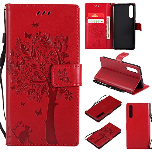 Shinyzone Hülle für Huawei P20 Pro Flip Brieftasche Leder Hülle,Niedlich Karikatur Geprägte Katze & Baum Muster Kartenfach Magnetverschluss mit Ständer Handyhüllen für Huawei P20 Pro,Rot