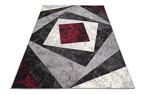 Designer Teppich mit Karo Kariert Meliert in Grau Rot Weiß - ÖKO TEX (140 x 200 cm)
