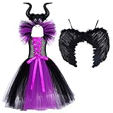 IBAKOM Kinder Baby Mädchen Maleficent Bösartige Hexe Böse Königin Kostüm Halloween Karneval Cosplay Verkleidung Flügel Festkleid Lila (mit Flügeln) 6-7 Jahre
