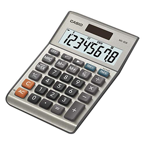 CASIO Tischrechner MS-80B, 8-stellig, Steuerberechnung, Quadratwurzel, Aluminiumfront, Solar-/Batteriebetrieb