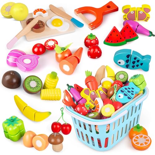 kramow Kinderküche Zubehor Holz, Spielküche Zubehor, Küchenspielzeug Holz, Küchenzubehor Kinder, Lebensmittel Spielzeug, Schneideset Obst Gemuese