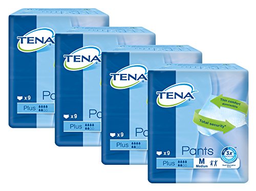 Tena Pants Plus Inkontinenz Hosen für mittlere bis starke Blasenschwäche extra saugstarke Einweghosen für mehr Komfort und Diskretion plus Schutz vor Gerüchen, 4er Pack (4 x 9 Stück), mittel (M)