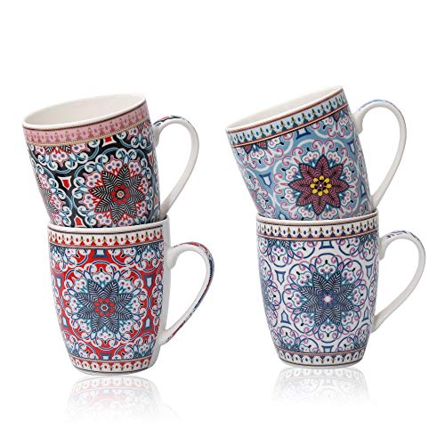 Flanacom Premium Kaffeetassen 4-er Set Orientalisches Design - Große Marokkanische Keramik Kaffee-Becher ca. 300-ml - Hochwertige Boho Tee-Tassen - Kaffeetassen-Set - Geschenk Frauen (Design 6 Sterne)