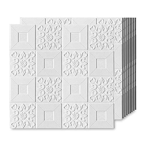 EMSMIL 3D Ziegel Tapete Selbstklebend Wandpaneele 10 Stk Weiß 70 x 70 cm Modern Wasserfest Steinoptik Tapeten 3D Effekt Schaumstoff Wandaufkleber für Badezimmer Schlafzimmer Wohnzimmer Küchen Wand