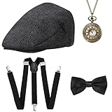 20er Jahre Herren Accessoires - 1920s Gatsby Mafia Gangster Kostüm Set Inklusive Hut Elastisch Hosenträger Halsschleife und Taschenuhr für Party