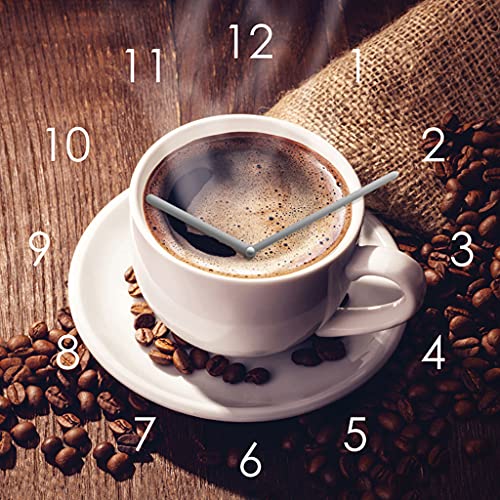Wanduhr Glas 20x20cm Kaffee Coffee Uhr Glasbild Küche Cafe Küchendeko Küchenbild Deko Wandbild