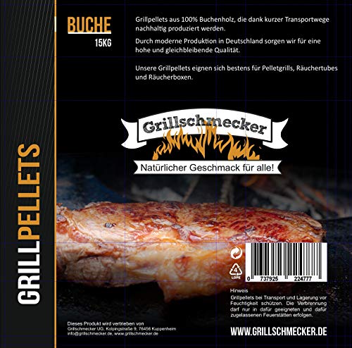 Grillschmecker Grillpellets - Holzpellets aus 100% Reiner Buche für Grill, Pelletofen & Smoker - 15kg Sack