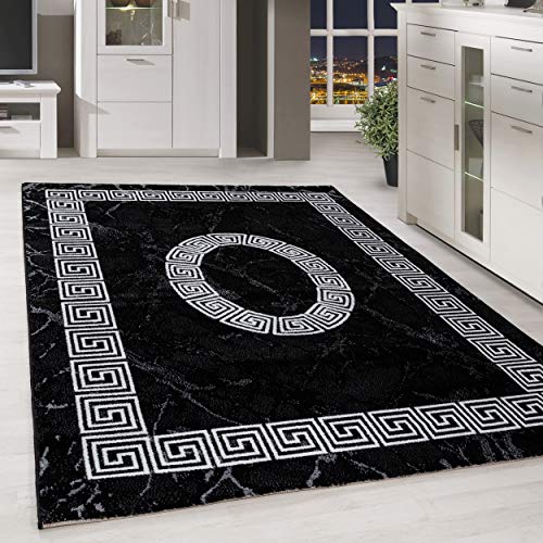 HomebyHome Kurzflor Design Teppich Griechisches Ornament Muster Troja Grau Schwarz Meliert, Farbe:Schwarz, Grösse:120x170 cm