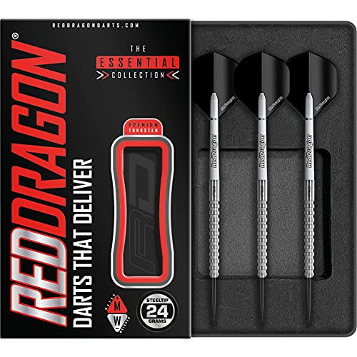 RED DRAGON Javelin Steel Dartpfeile 24 Gramm Profi Steeldarts Set, 3 x Steel Darts mit Flights und Schäfte