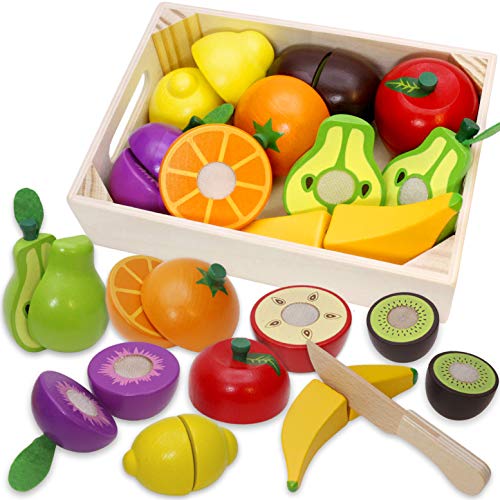 Airlab Kinderküche Spielküche Zubehör aus Holz, Küchenspielzeug Schneiden Obst Gemüse Lebensmittel Holz mit Klett-Verbindung für Kinder, Lernspielzeug Rollenspiele Spielzeug Ostern Geschenke