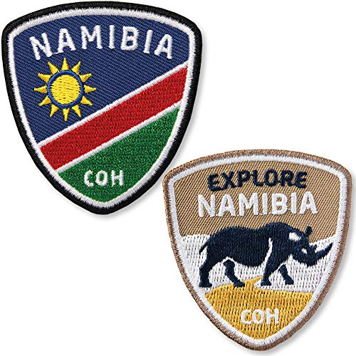 Club of Heroes 2er-Set Namibia Aufnäher 58 x 62 mm/Afrika Reise Safari Flagge Namib Nationalpark Nashorn/Aufbügler Flicken Patch zum Aufnähen Aufbügeln Kleidung/Reiseführer Tansania Kenia Südafrika