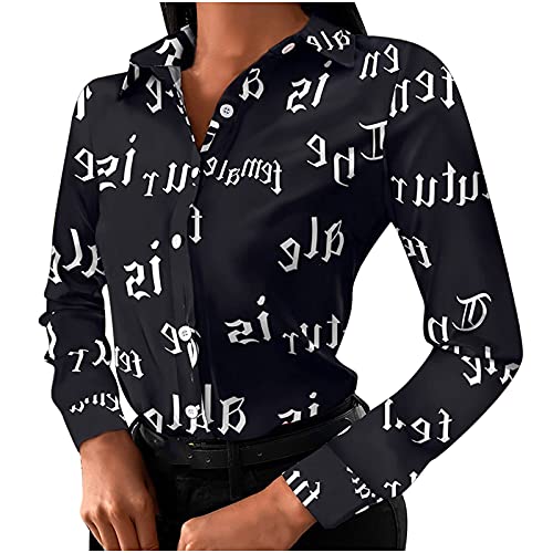 Masrin Businesshemd Damenmode Berufs Bluse Elegante Oberteile mit 3D Buchstaben Druck Revers Langarmshirts Sing Breasted Cardigan Tops