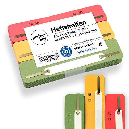 perfect line • 75 Heftstreifen Pappe, recycling Karton, 250 g/m², MADE IN GERMANY (Rot, Grün, Gelb)