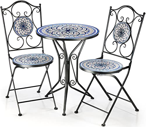 Kobolo Sitzgruppe Gartenmöbel Mosaikoptik - 1 Tisch - 2 Stühle - Metall - blau-weiß
