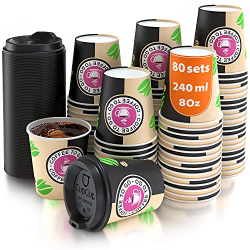 80 Pappbecher 240ml mit Deckel Coffee To Go - Kaffeebecher To Go Zum Servieren von Kaffee, Tee, Heißen und Kalten Getränken